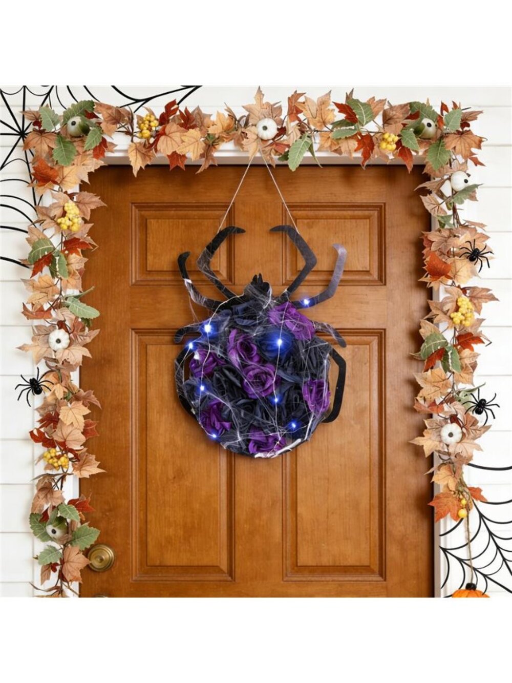 Halloween Spider Decorations with Cobweb, Artificial Purple Rose Flower